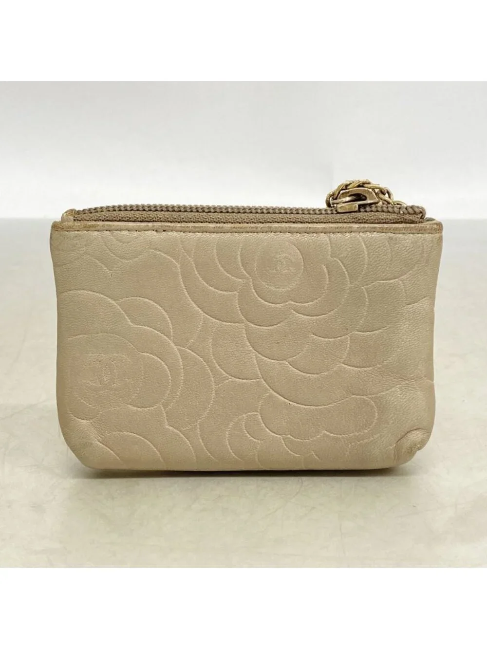 Chanel Coin Purse Camellia Lambskin Beige Gold